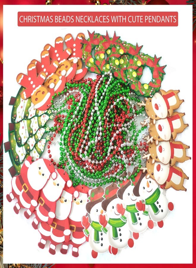 Becfupo 100 Pcs Christmas Beads Necklaces Bulk, Red Green Silver Beaded Necklaces With Xmas Tree Snowman Reindeer Santas Pendants For Chirstmas Party Favors - Image 3